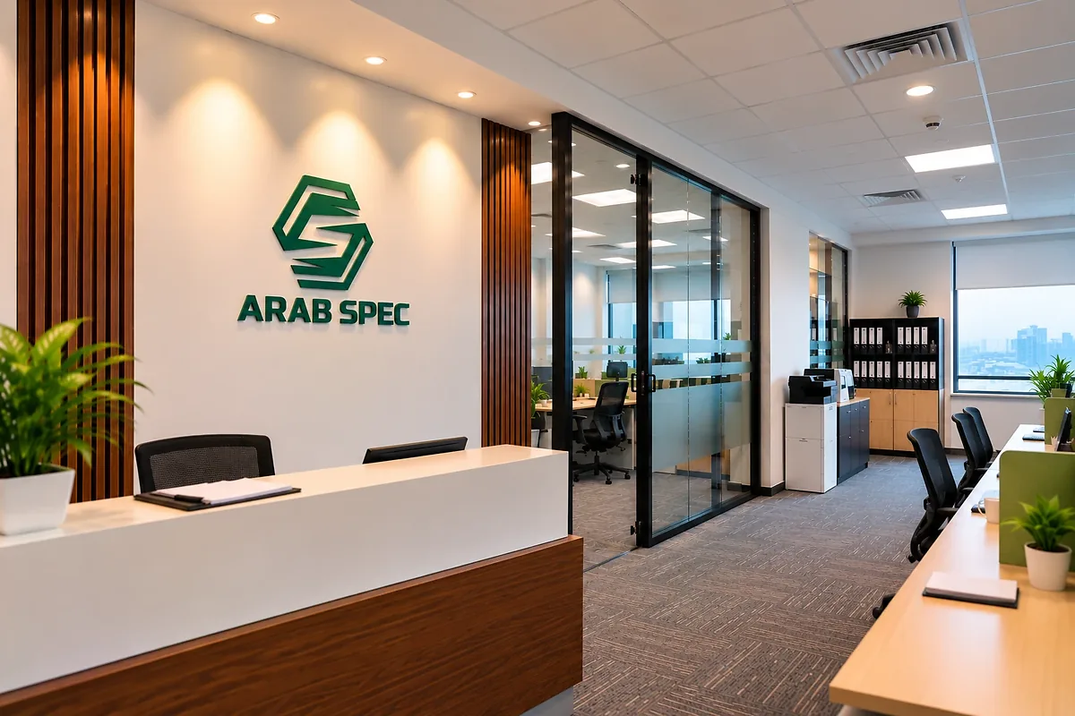 Arab Spec office reception with the company logo and open-plan workstations